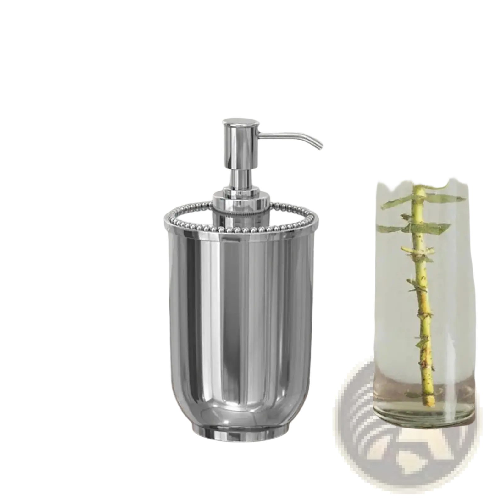 Stainless steel soap dispenser pump chrome finish with shiny chrome finish beaded rim and vertical ridged design