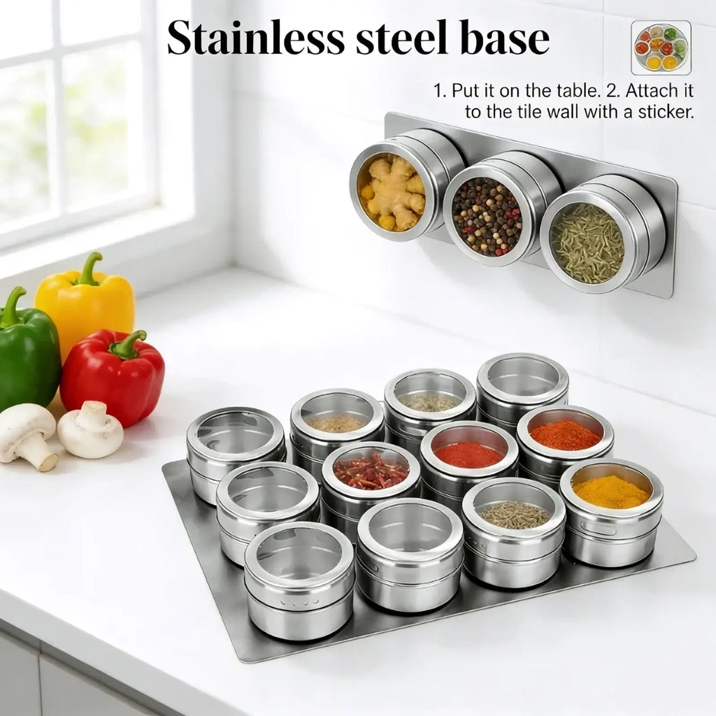 Stainless steel spice jar set with clear lids arranged on a tray and mounted on the wall for organized storage