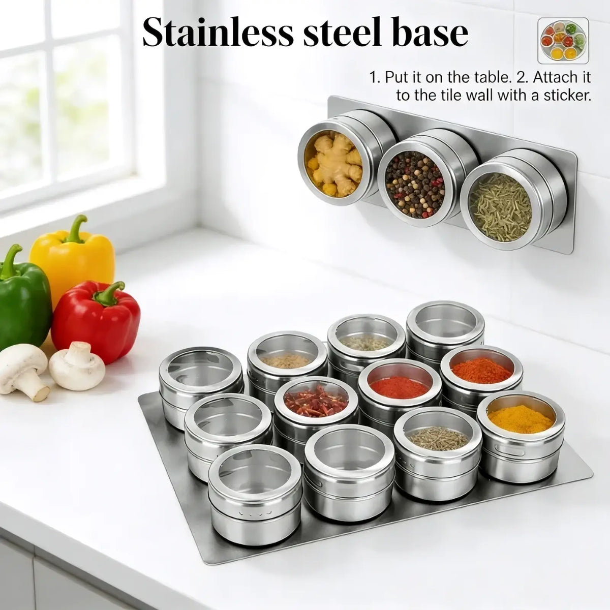 Stainless steel spice jar set with clear lids arranged on a tray and mounted on the wall for organized storage