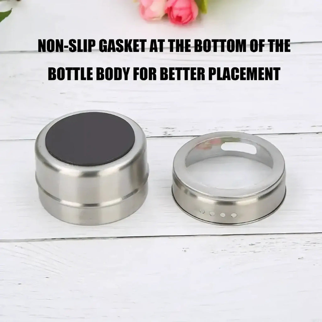Stainless steel spice jar with clear lid and black non slip gasket in stainless steel spice jar set with tray
