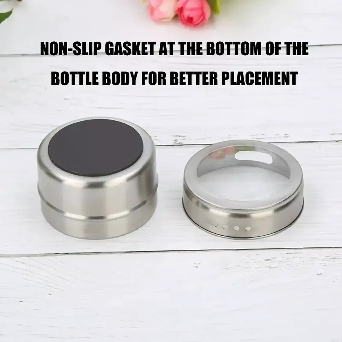 Stainless steel spice jar with clear lid and black non slip gasket in stainless steel spice jar set with tray