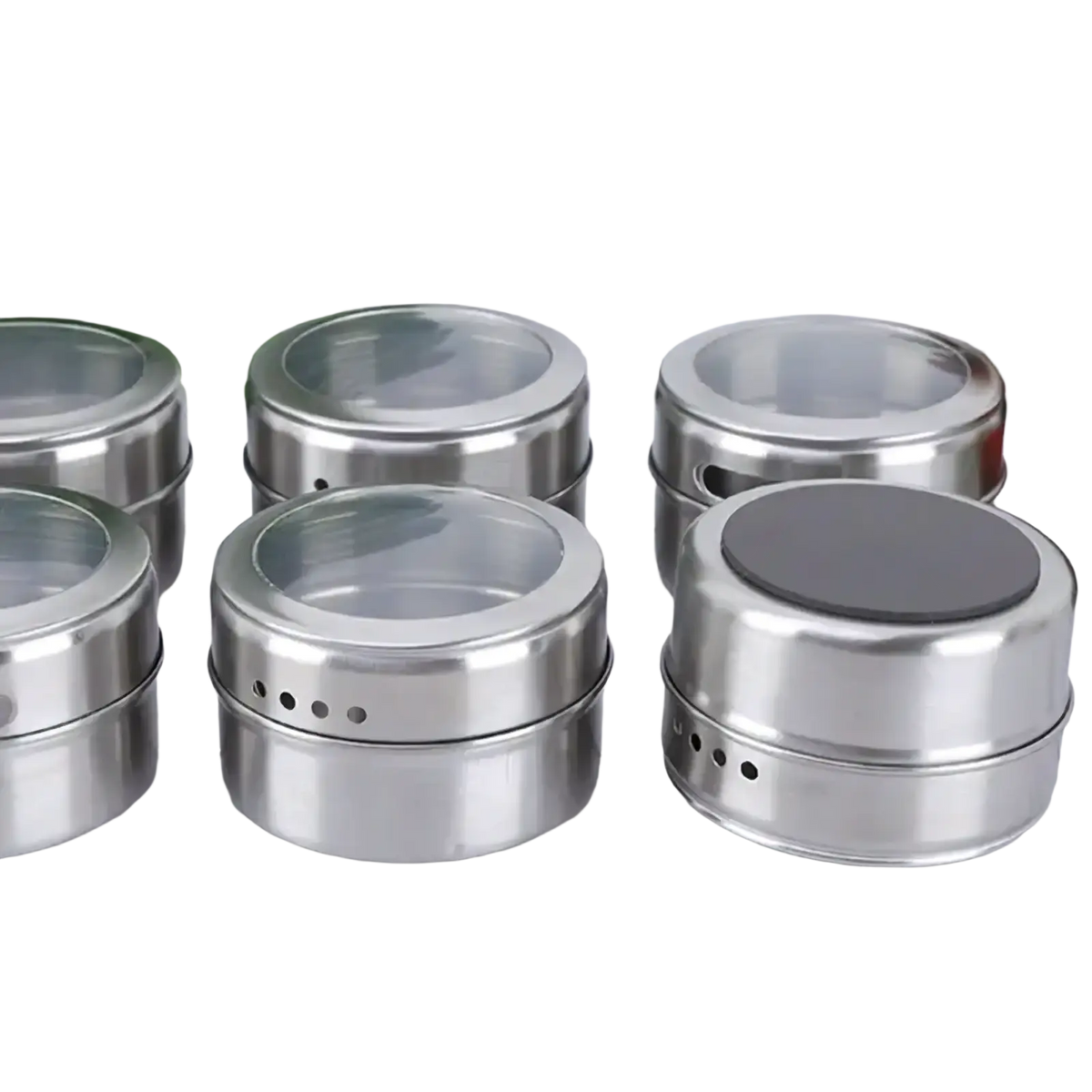 Set of six stainless steel spice jars with clear glass lids and perforated sides for easy seasoning access on tray