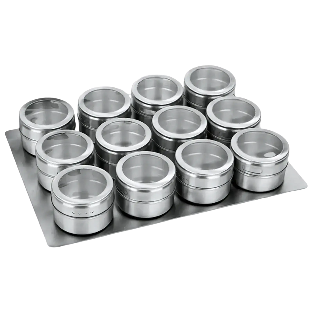 Set of twelve sleek stainless steel spice jars with clear glass lids arranged on a matching metal tray