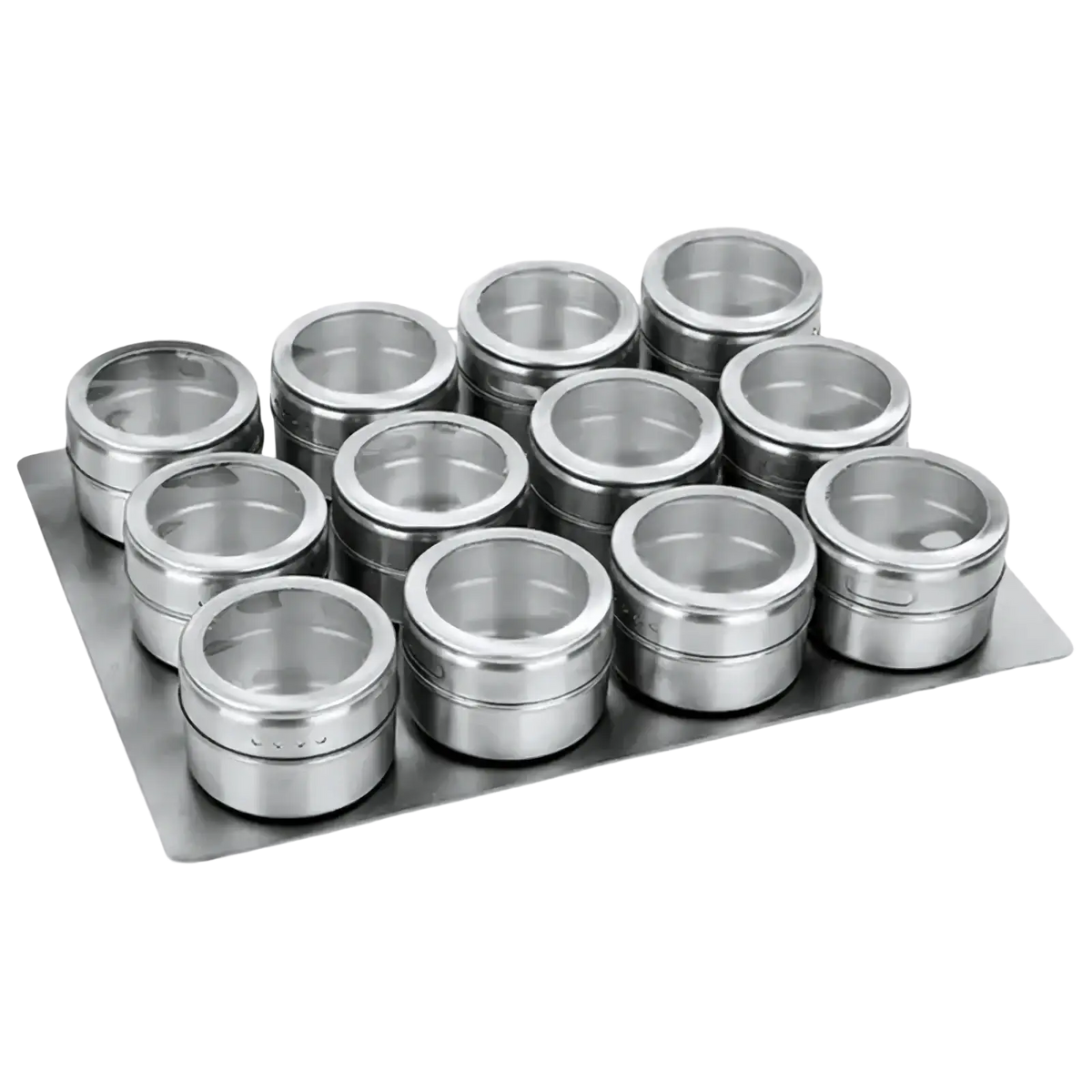 Set of twelve sleek stainless steel spice jars with clear glass lids arranged on a matching metal tray