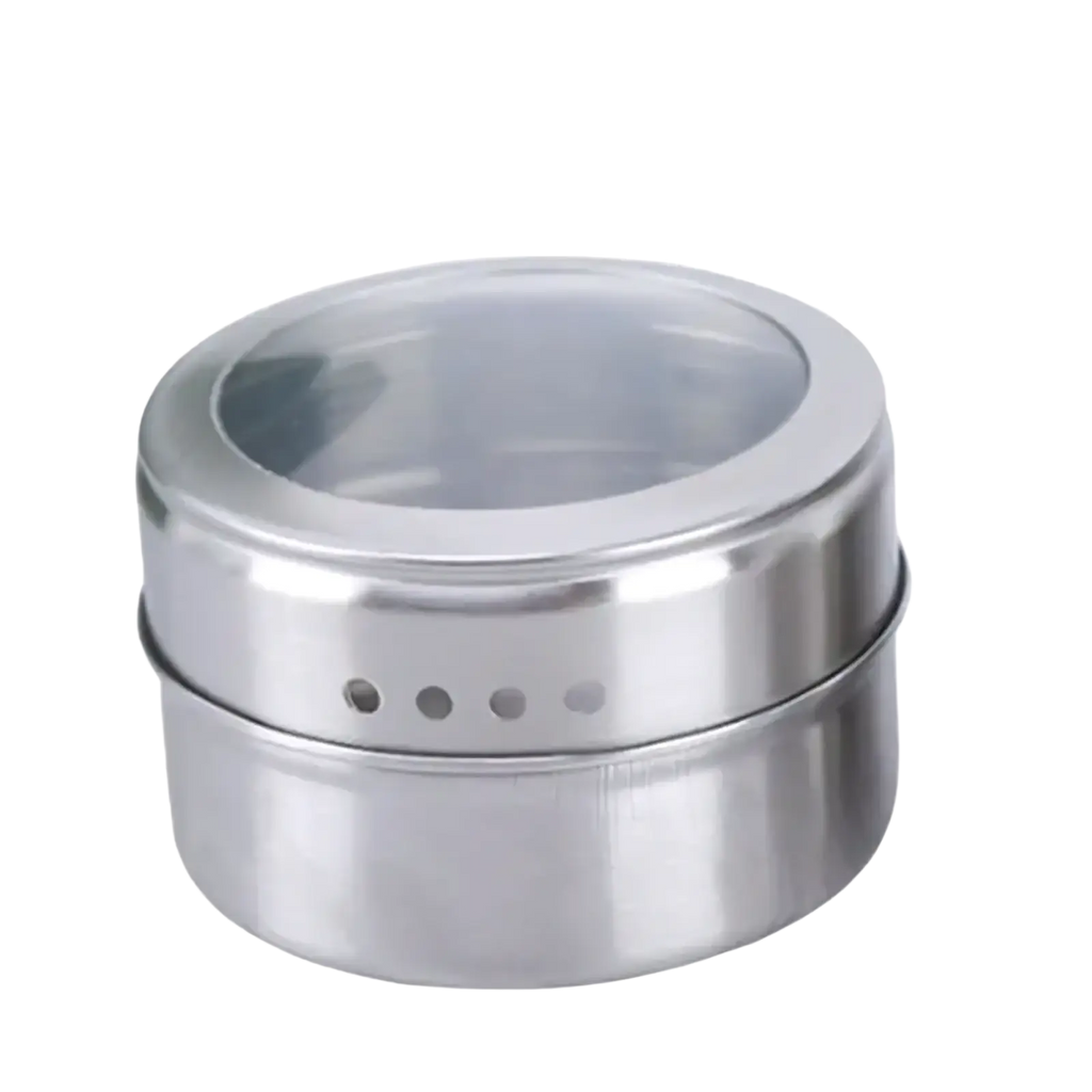 A sleek cylindrical stainless steel spice jar with a clear glass lid and ventilation holes in the stainless steel spice jar set with tray