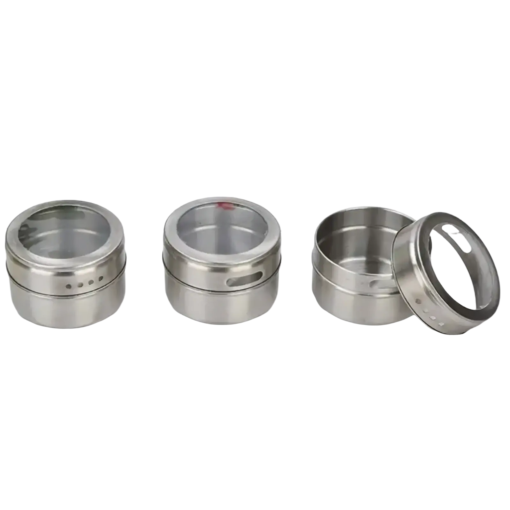 Stainless steel spice jar set with tray featuring three jars with clear glass lids and perforated stainless steel sides on white surface