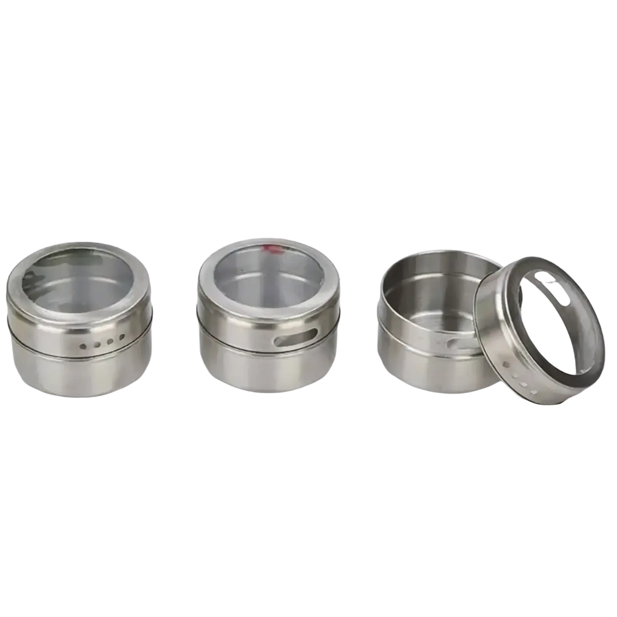 Stainless steel spice jar set with tray featuring three jars with clear glass lids and perforated stainless steel sides on white surface