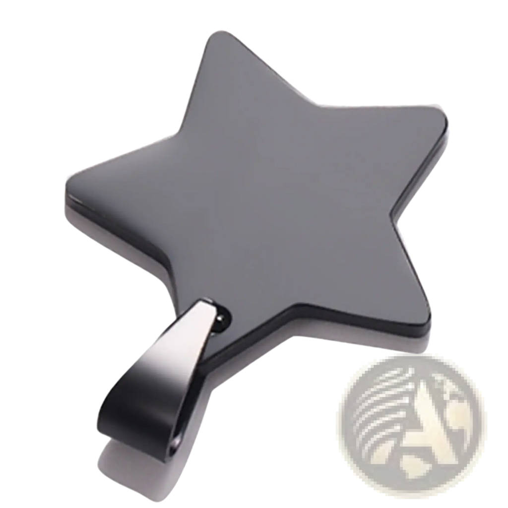 Black stainless steel star pendant necklace with matte finish and polished metal clasp in gold tone
