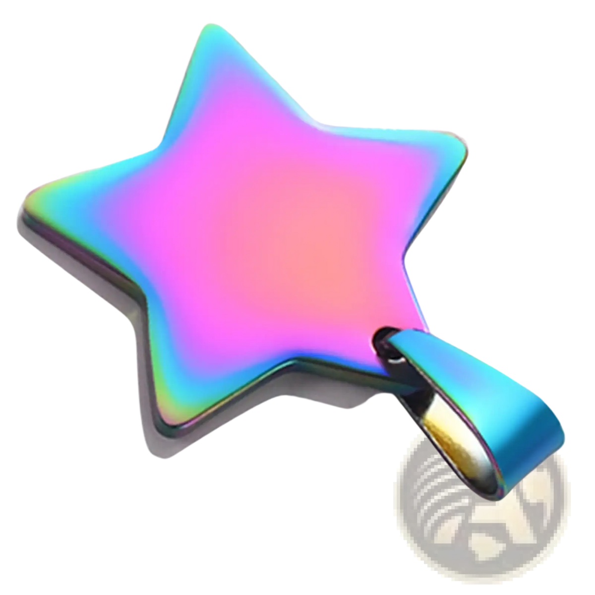 A stainless steel star pendant necklace featuring a shiny rainbow-colored finish with a sleek modern design