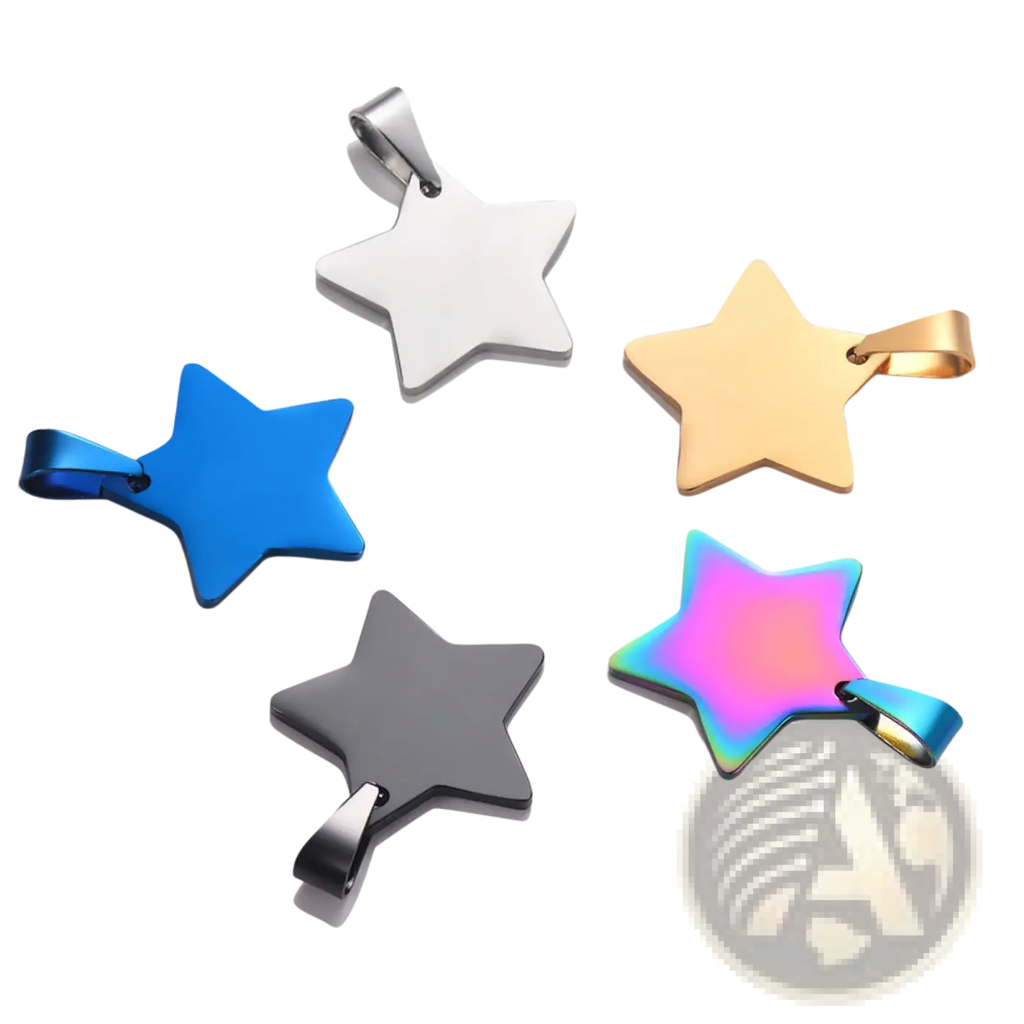 Five star-shaped stainless steel pendants in gold silver blue black and rainbow iridescent for necklace use