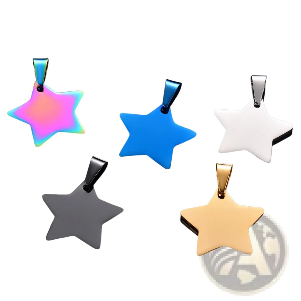 Stainless steel star pendant necklaces featuring five star-shaped charms in iridescent, blue, white, black, and gold finishes