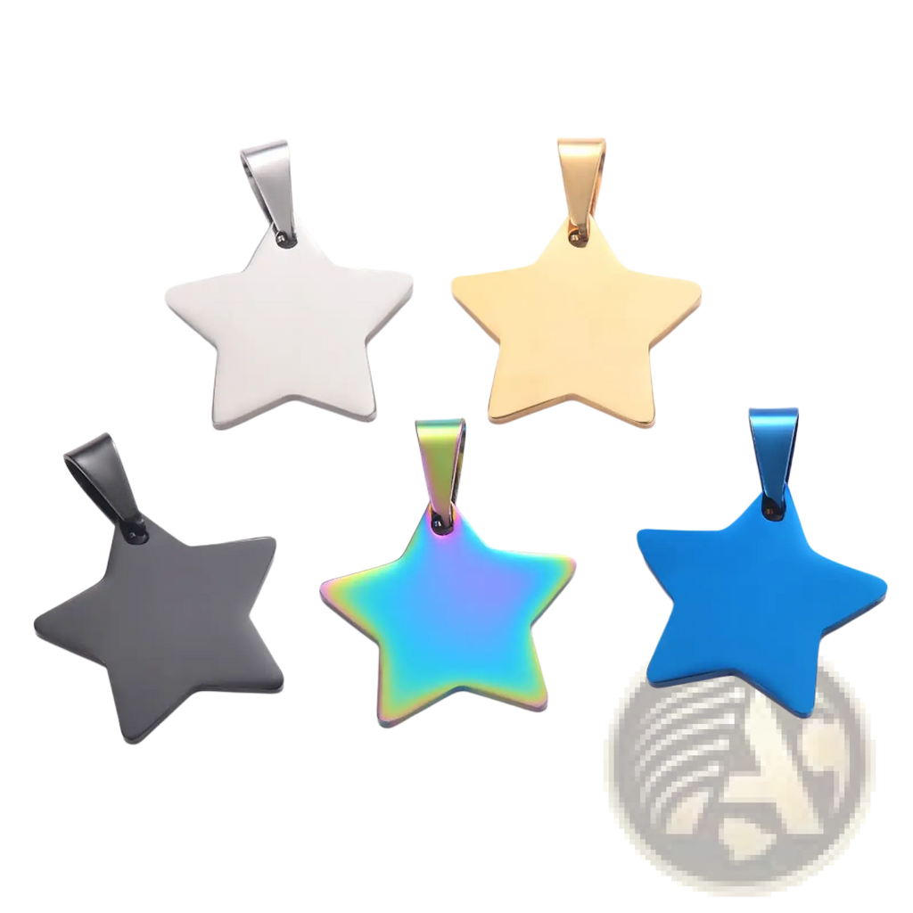 Stainless steel star pendant necklaces in silver gold black rainbow iridescent and solid blue finishes