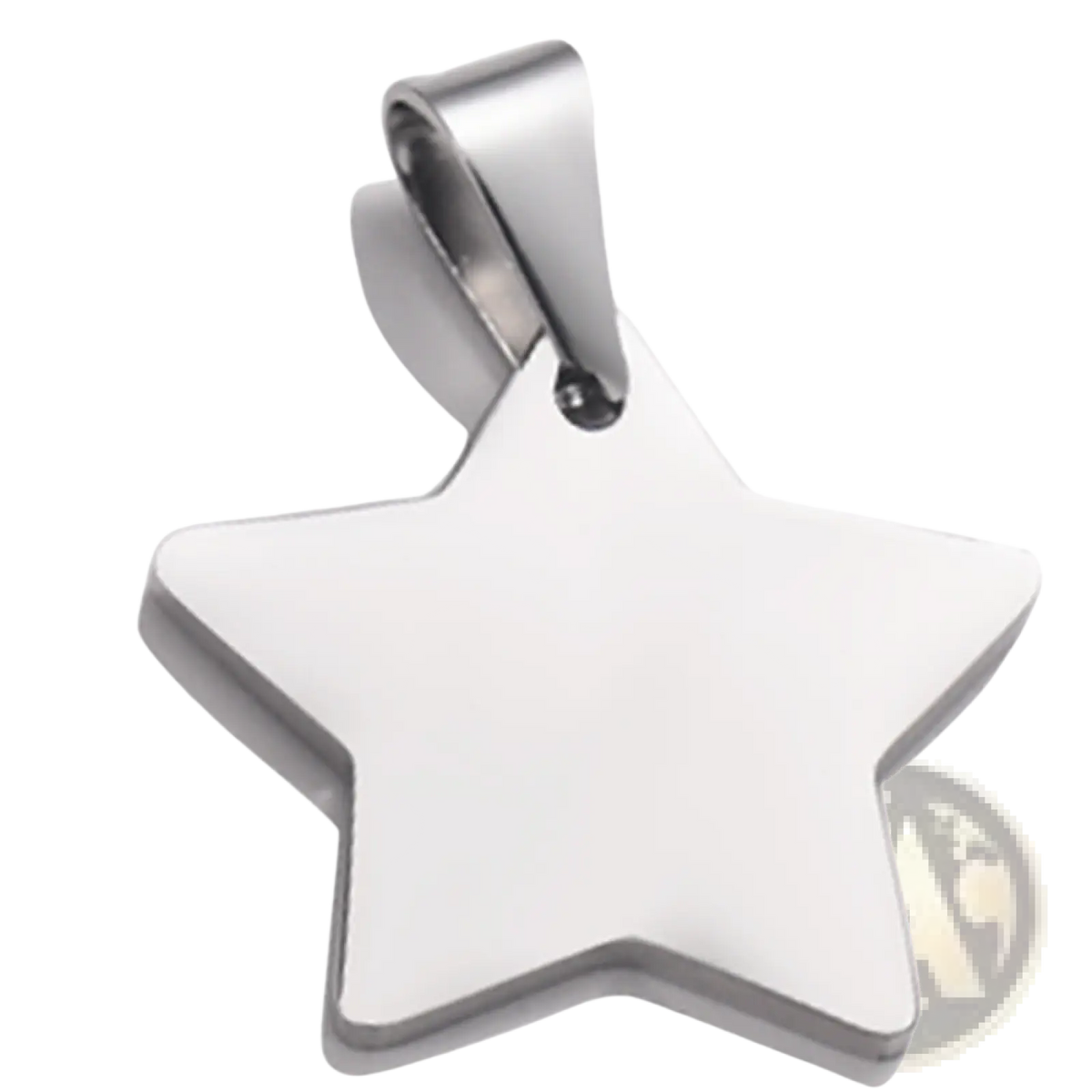 A sleek silver-toned stainless steel star pendant with polished finish and loop for attachment in stainless steel star pendant necklace gold