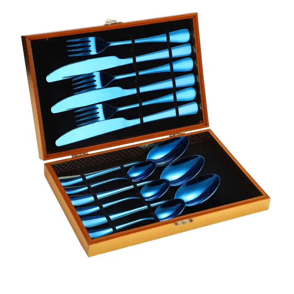 Premium stainless steel steak cutlery set with blue finish in a wooden presentation box for elegant dining