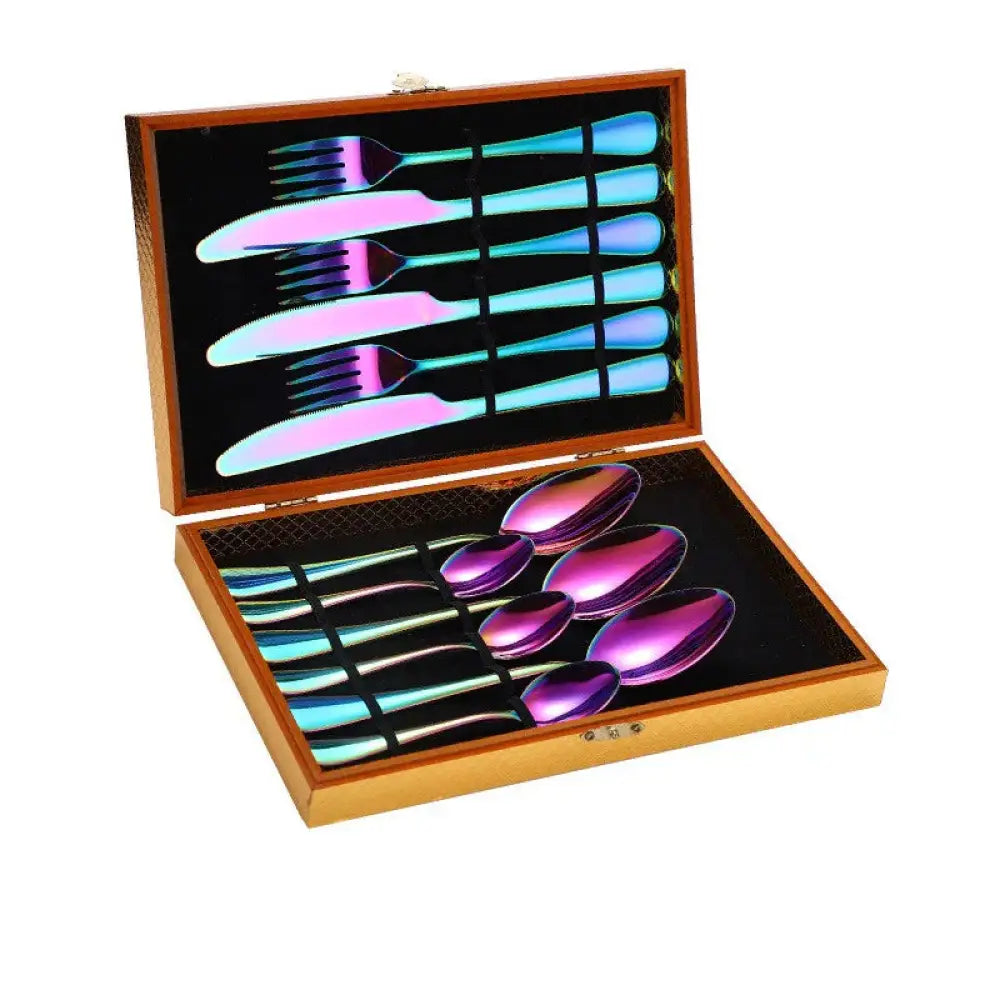 Premium stainless steel steak cutlery set with iridescent finish in a wooden presentation box