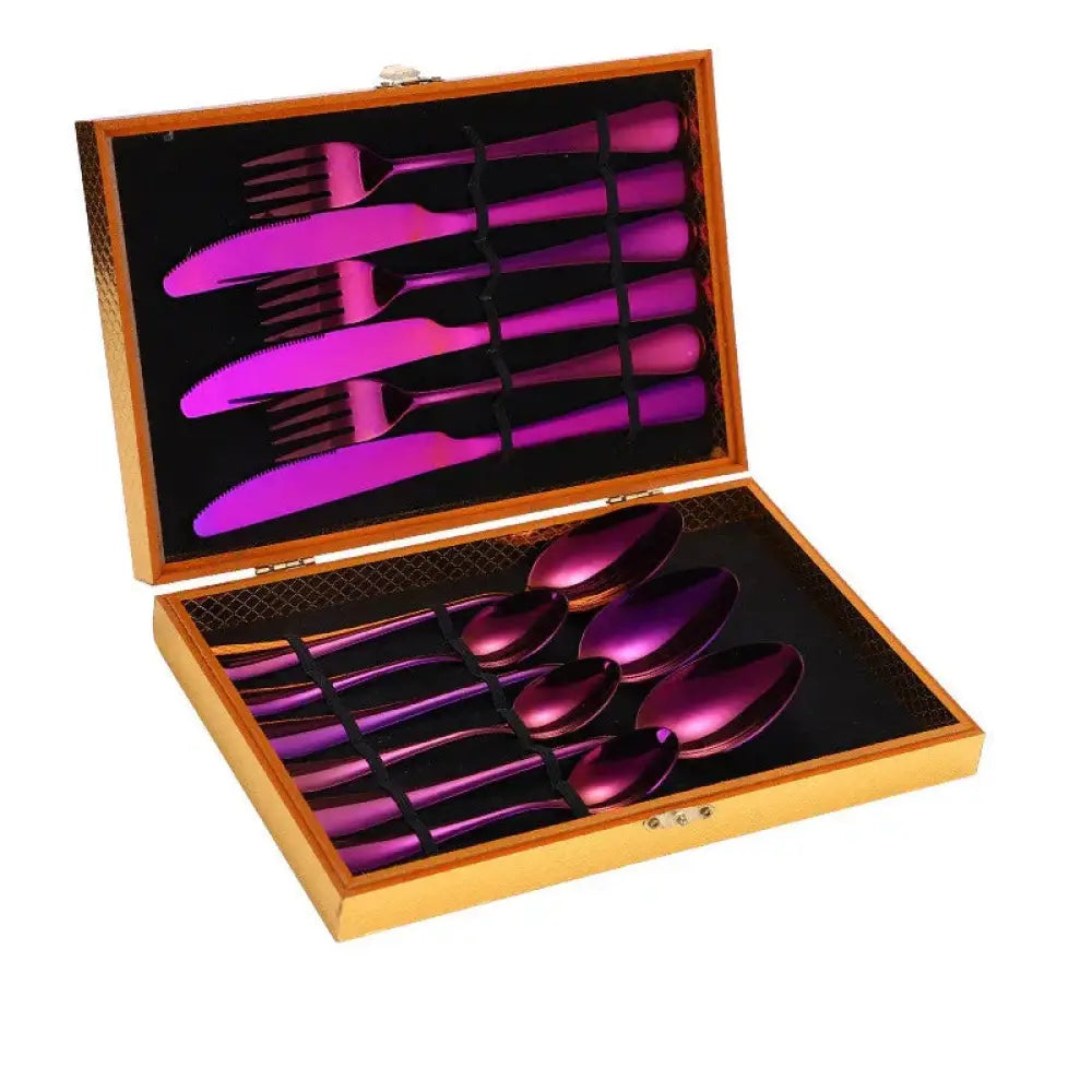 Premium stainless steel steak cutlery set with purple metallic finish in a wooden presentation box