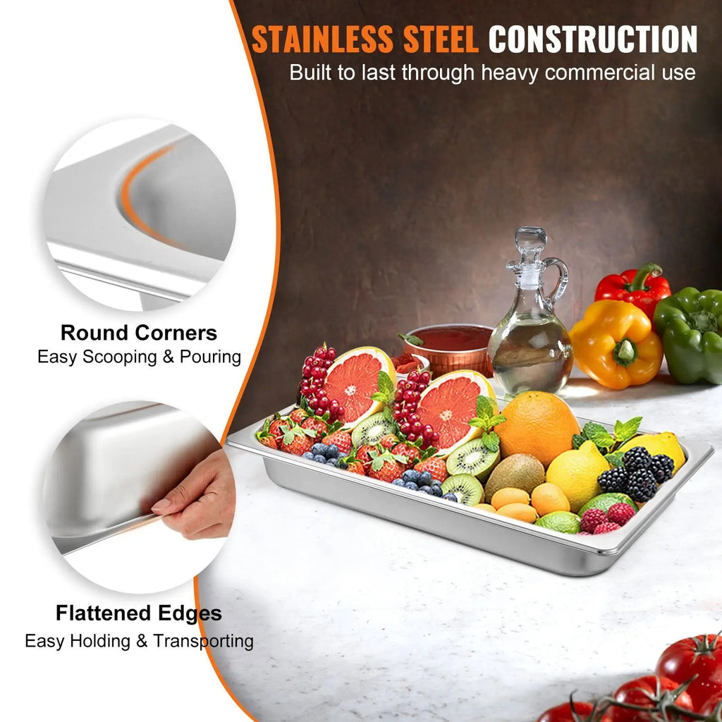 Rectangular stainless steel commercial-grade sink with rounded corners and flattened edges for steam table pans