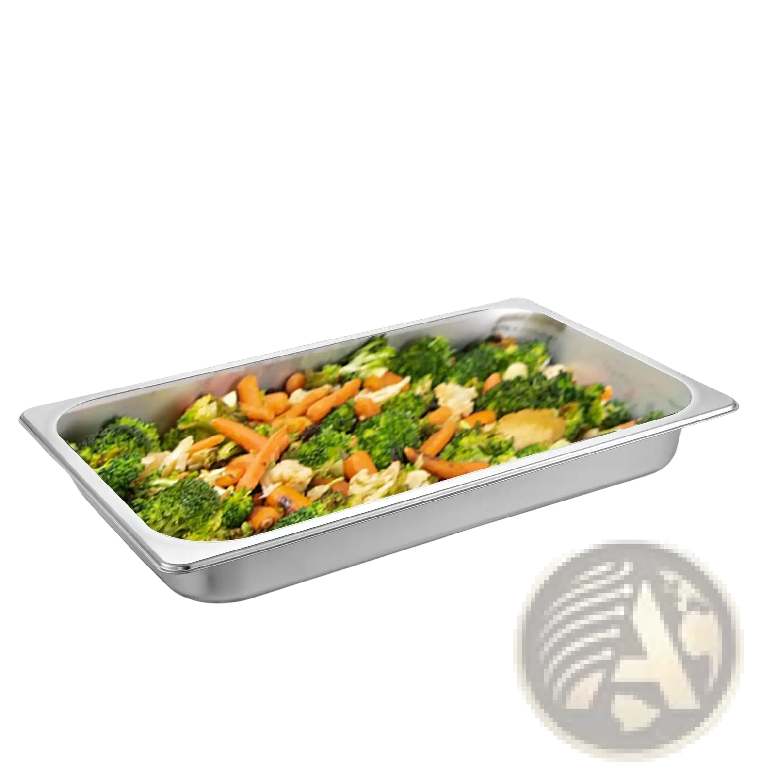 Rectangular stainless steel full size steam table pan 2.6 inch deep filled with mixed vegetables in 6 pack