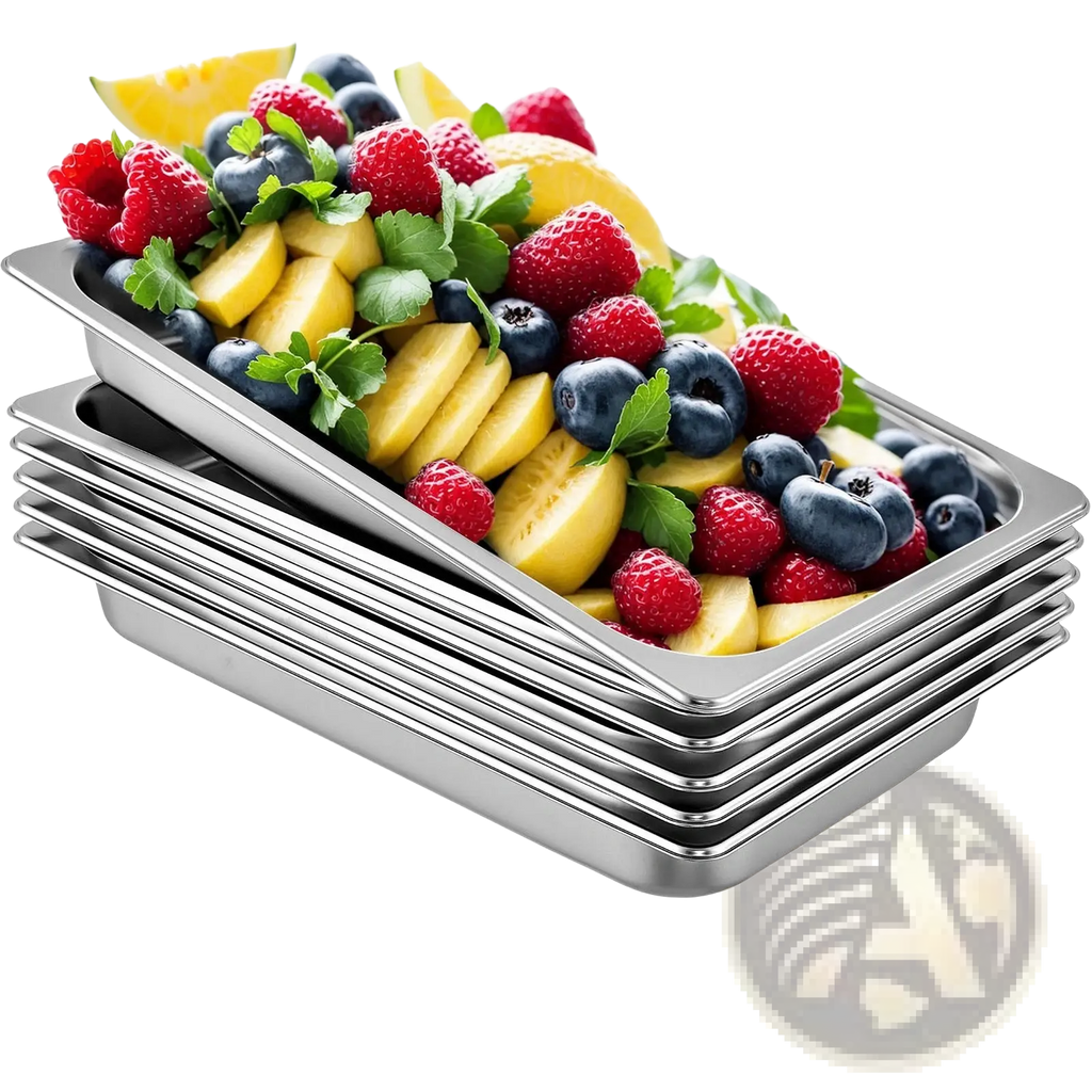 Stack of stainless steel full size steam table pans 2.6 inch deep filled with fresh fruit for serving use