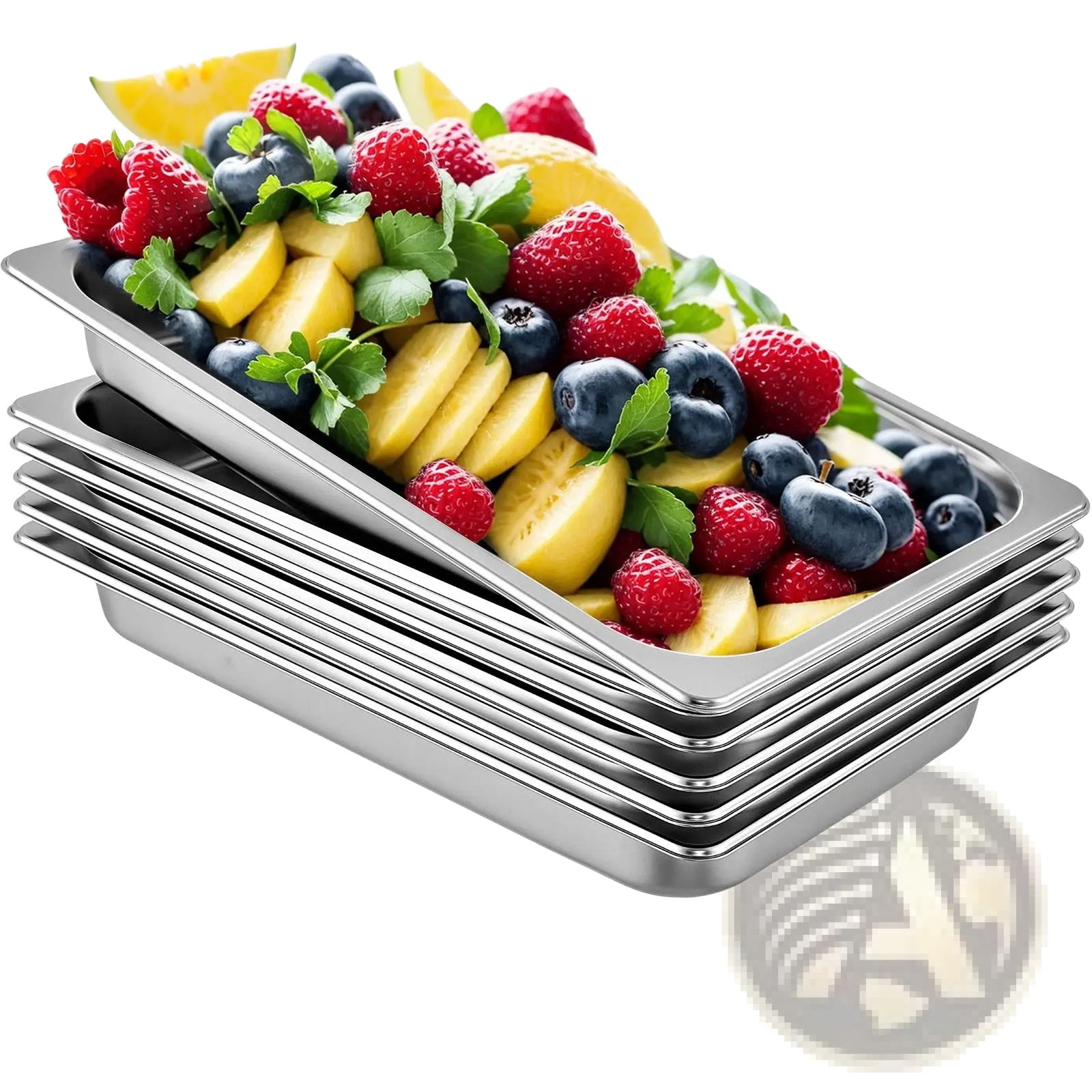 Stack of stainless steel full size steam table pans 2.6 inch deep filled with fresh fruit for serving use