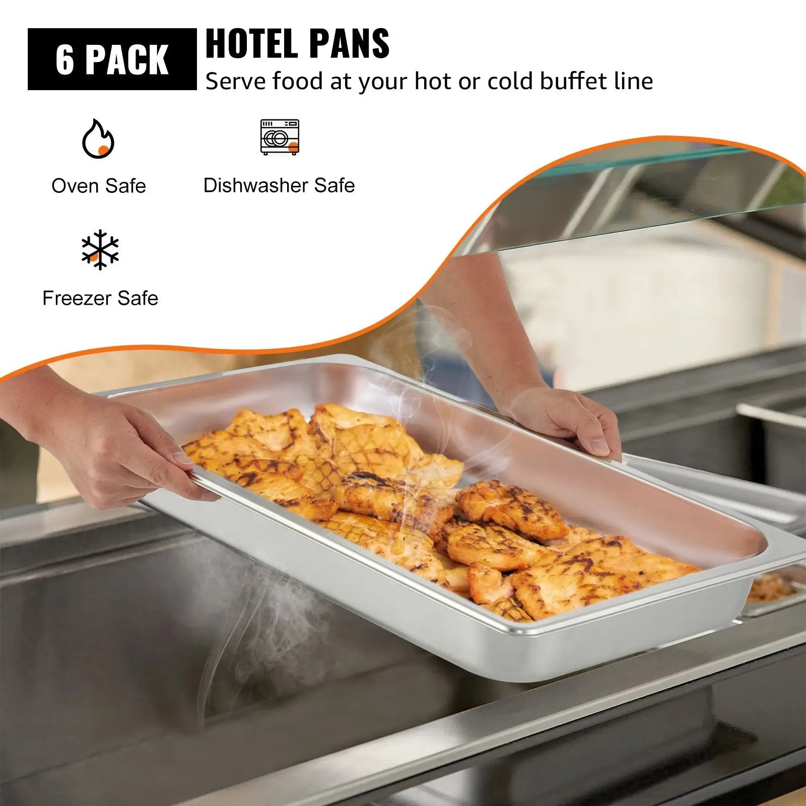 Rectangular stainless steel steam table pan filled with grilled chicken in full size 2.6 inch deep set of six