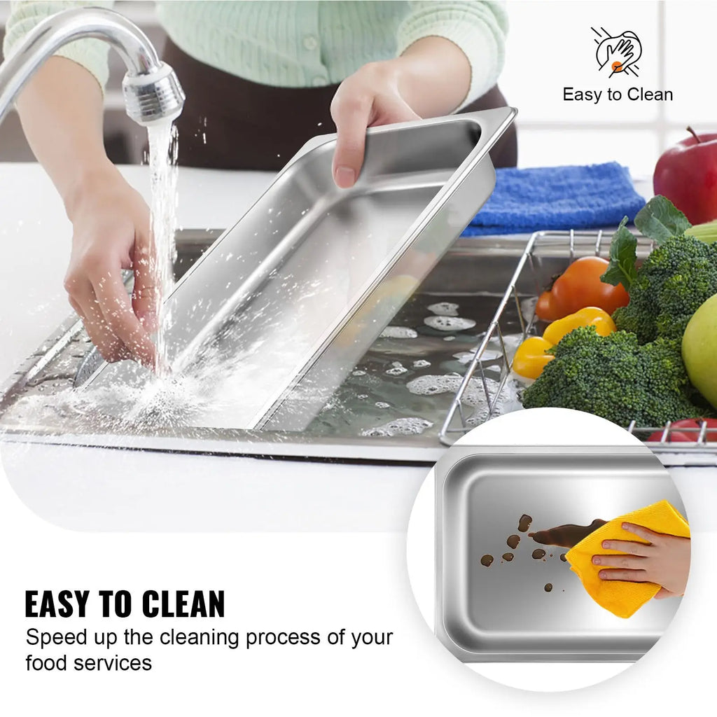 Stainless steel steam table pan full size 2.6 deep with a sleek reflective surface and rounded corners rectangular tray