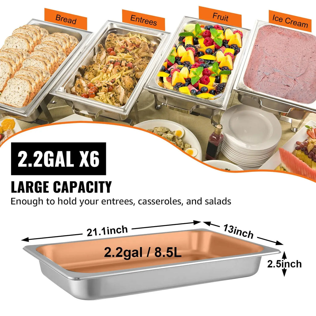 Rectangular stainless steel steam table pan 21.1 by 13 inches 2.6 inches deep 8.5 liters capacity full size set of 6