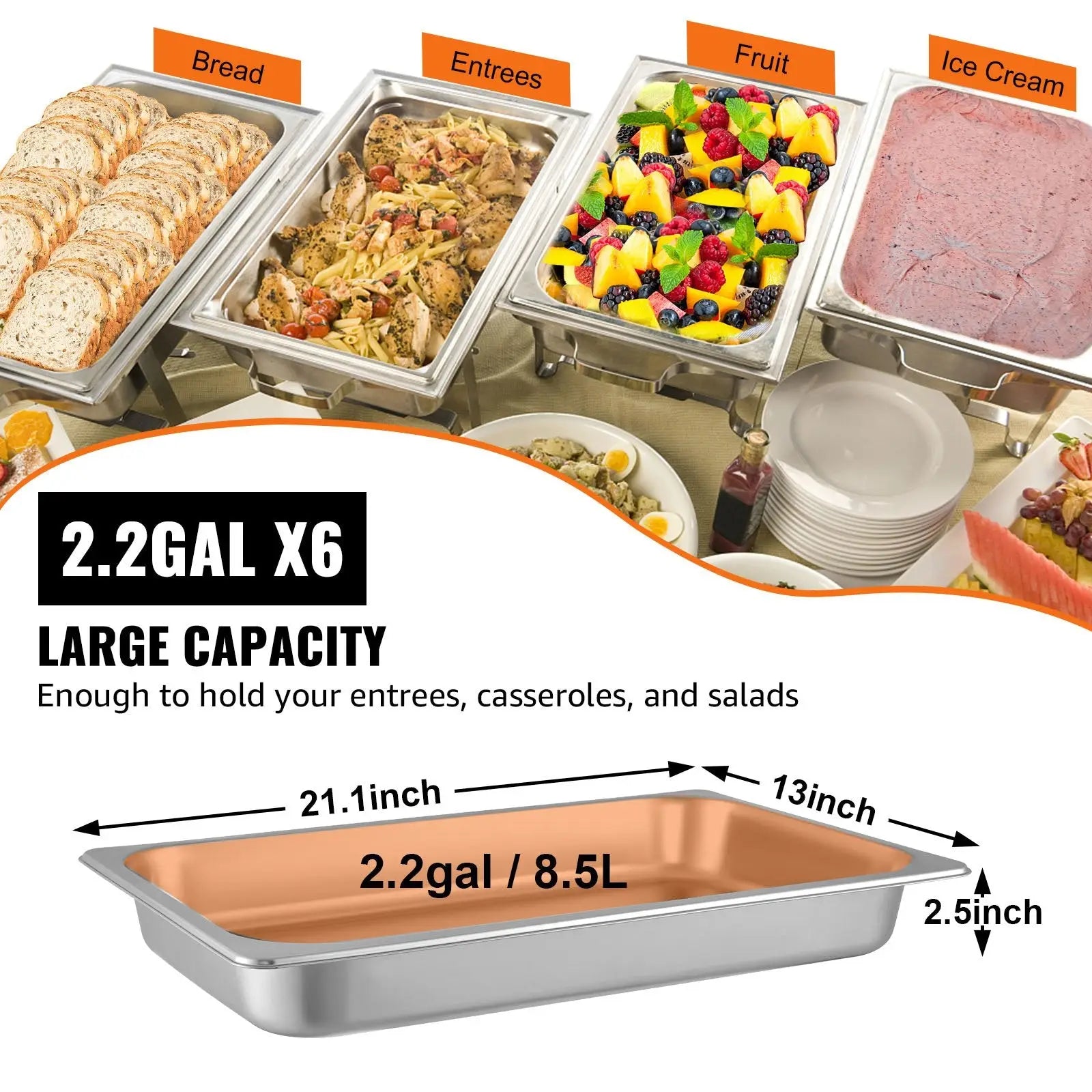 Rectangular stainless steel steam table pan 21.1 by 13 inches 2.6 inches deep 8.5 liters capacity full size set of 6