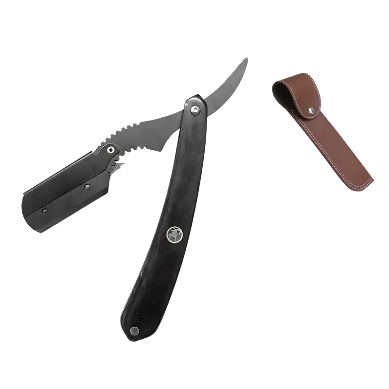 Black folding stainless steel straight razor with textured handle, metallic blade, brown leather case, and 10 replacement blades
