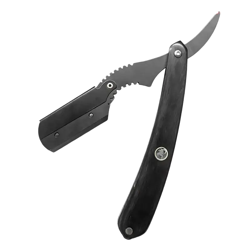 Black carbon fiber-handled stainless steel straight razor with curved serrated blade for men grooming use
