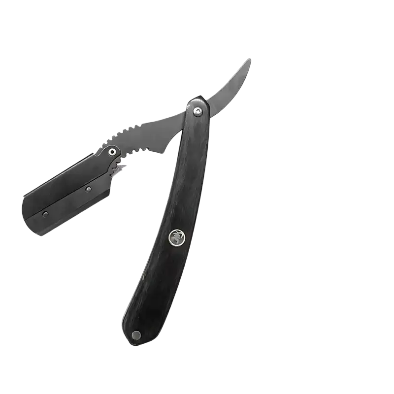 Black carbon fiber-handled folding straight razor with a stainless steel blade for men grooming
