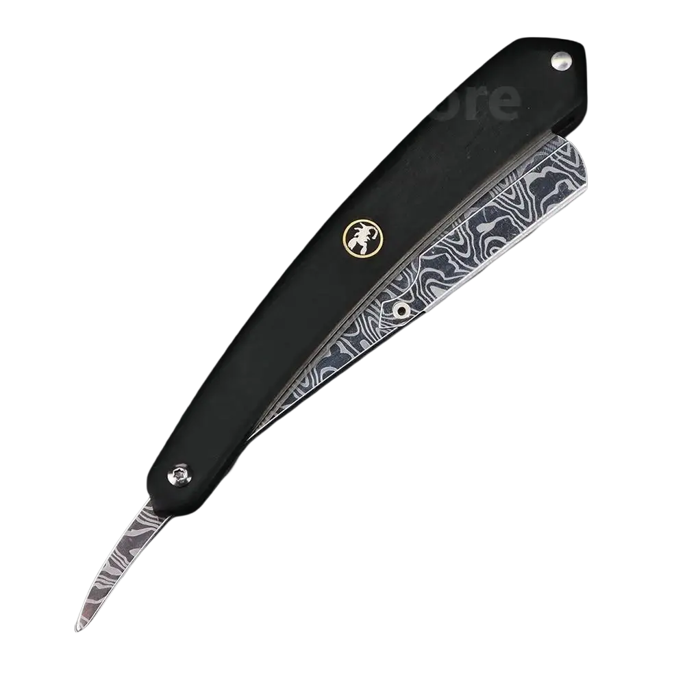 Stainless steel straight razor for men with black handle, Damascus steel blade featuring silver black patterns and gold emblem