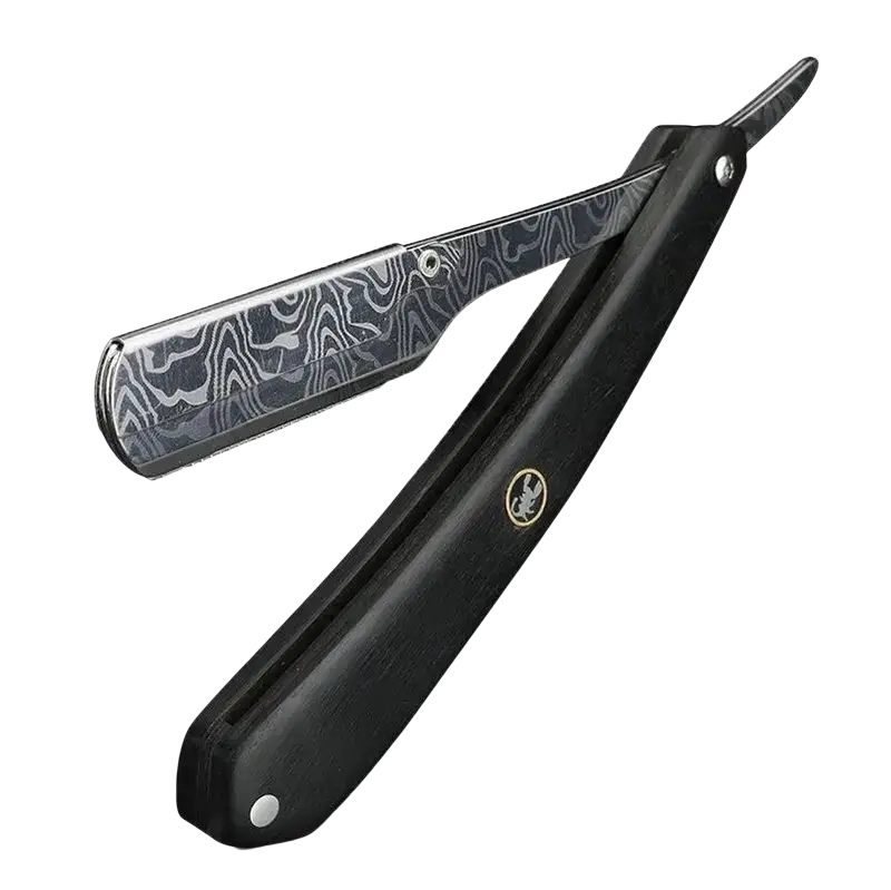 Stainless steel straight razor for men with black handle and damascus steel blade featuring intricate silver patterns