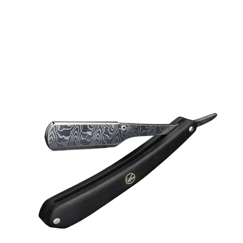 Black-handled stainless steel straight razor with a silver damascus steel blade for men grooming