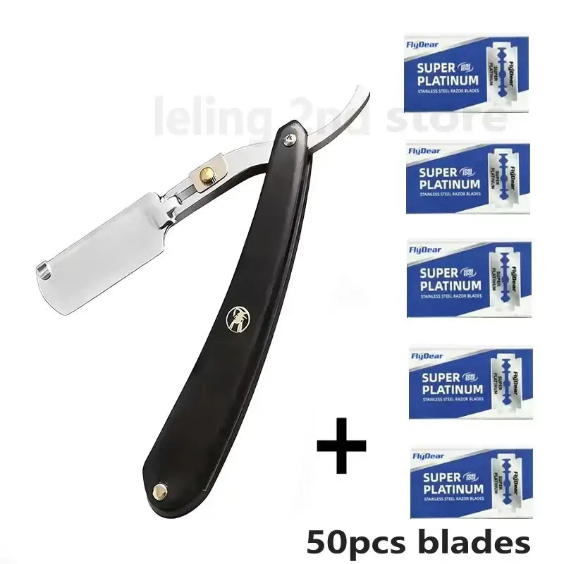 Black-handled stainless steel folding straight razor with polished silver blade and flydear super platinum blades for men