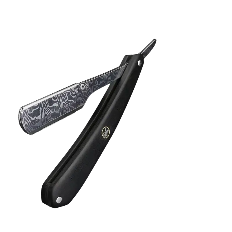 Black-handled stainless steel straight razor with damascus steel blade and Flydear logo for men’s grooming