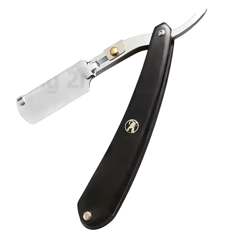 Black-handled stainless steel straight razor for men with a polished blade and gold-toned hardware