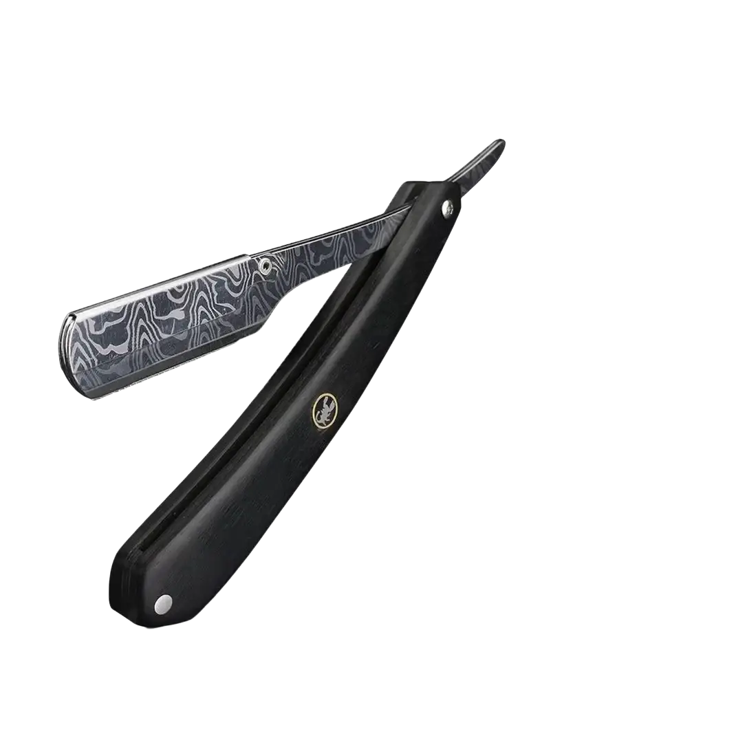 Black-handled stainless steel straight razor with silver damascus steel blade and gold emblem for men