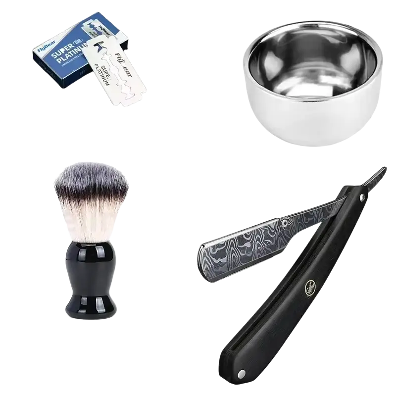 Black-handled stainless steel straight razor for men with a distinctive damascus steel blade pattern