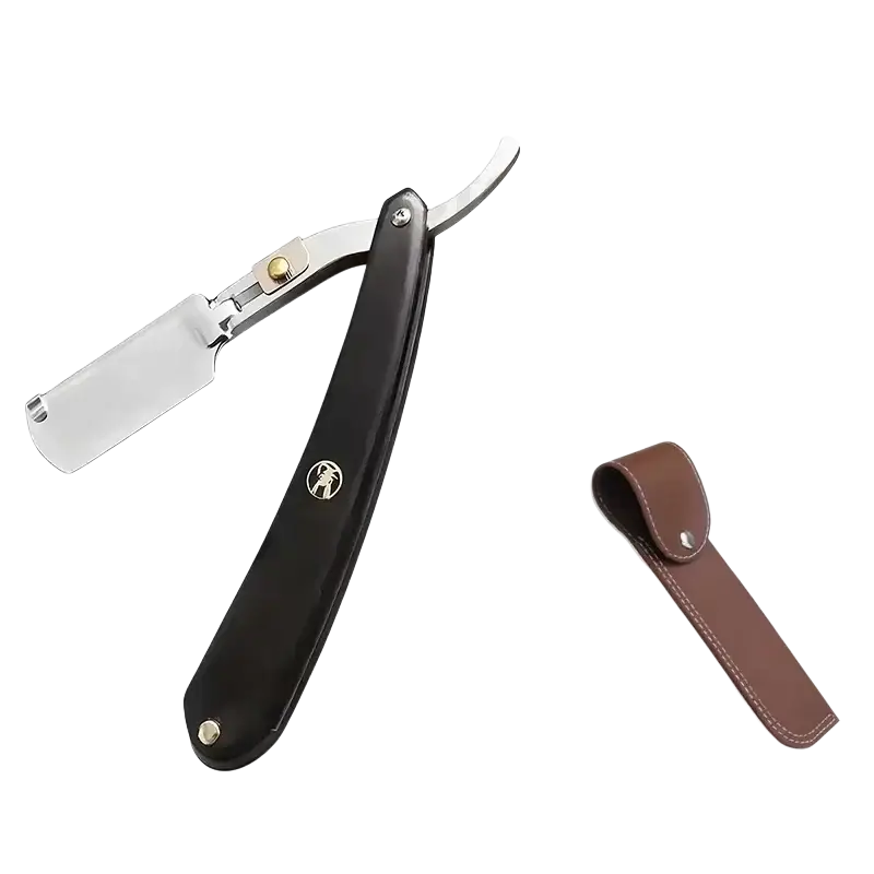 Black leather-handled stainless steel straight razor with polished silver blade and gold-toned pivot for men