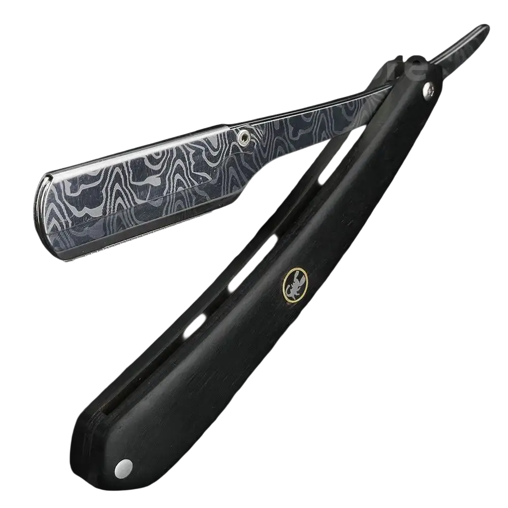 A sleek black-handled stainless steel straight razor for men with a damascus steel blade featuring intricate patterns