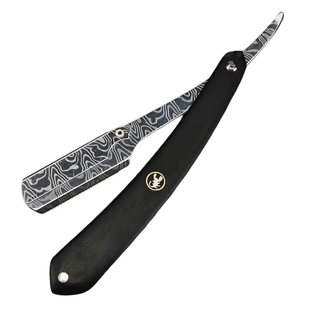 A stainless steel straight razor for men with a sleek black handle and damascus steel blade featuring silver swirling patterns