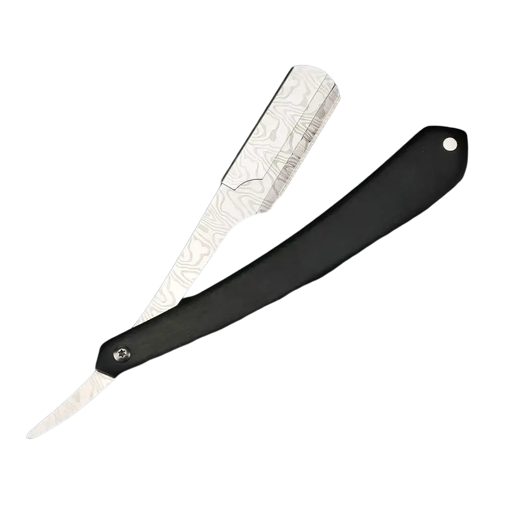 A sleek stainless steel straight razor for men with a black handle and a silver damascus steel patterned blade