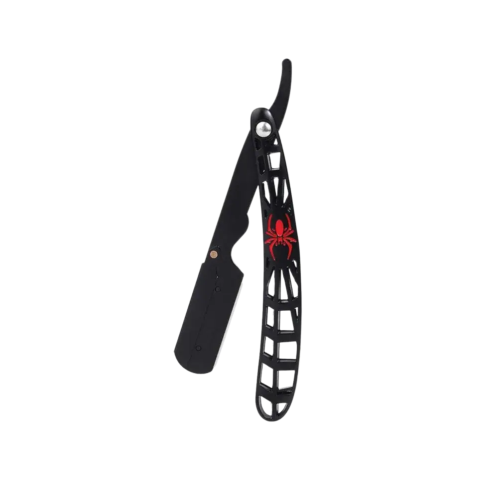 Black stainless steel folding straight razor with red spider emblem on handle for precise grooming