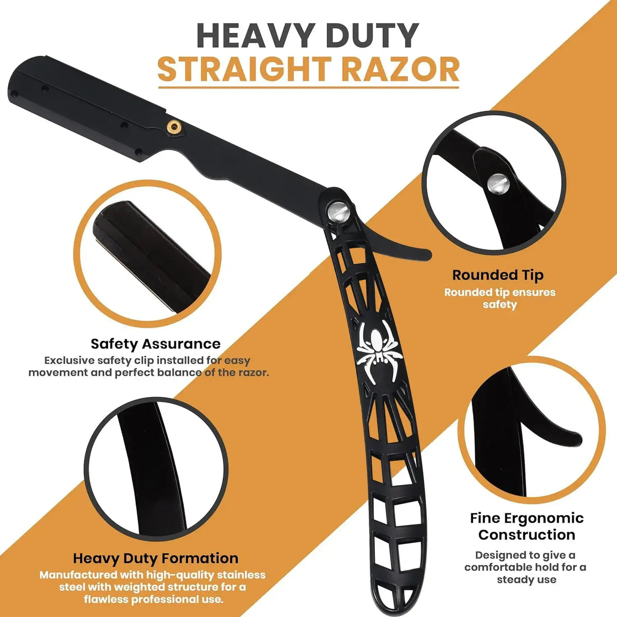Stainless steel straight razor in black with a spider design handle and safety clip for secure use