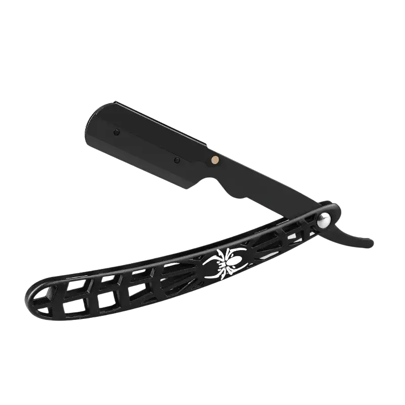 Black stainless steel folding straight razor with spider design etched on handle for precise grooming use
