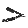 Black stainless steel folding straight razor with spider design etched on handle for precise grooming use