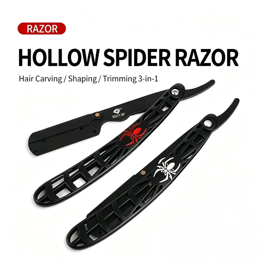 Stainless steel straight razor with black hollow spider design and red white spider on handle featuring lattice pattern