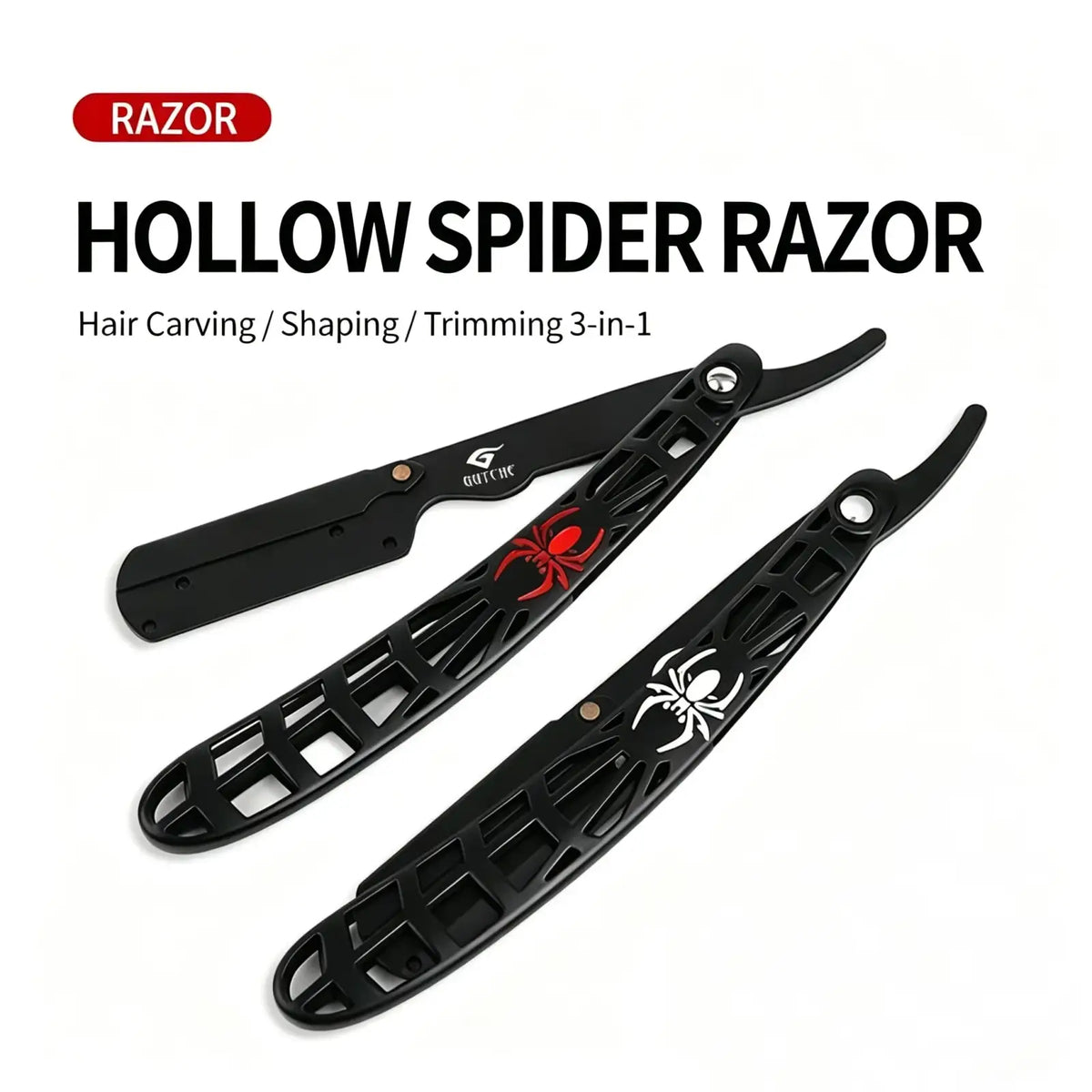 Stainless steel straight razor with black hollow spider design and red white spider on handle featuring lattice pattern