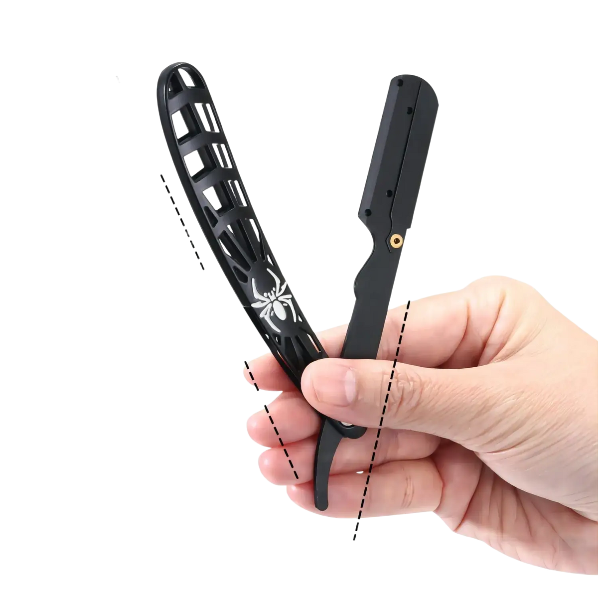 Black metal stainless steel straight razor with spider design on handle for precision shaving use
